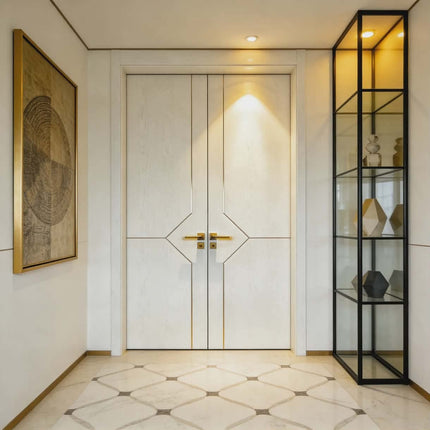 Modern interior with a white door, decorative wall art, and a glass display cabinet.