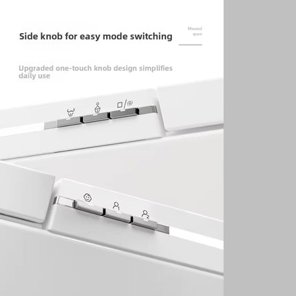 Side knob for easy mode switching on a white appliance with text overlay.