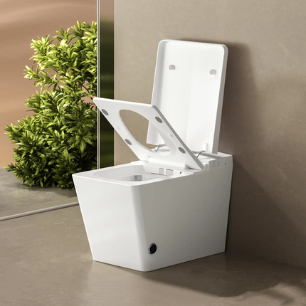 White toilet bowl with open lid on a brown floor next to a plant