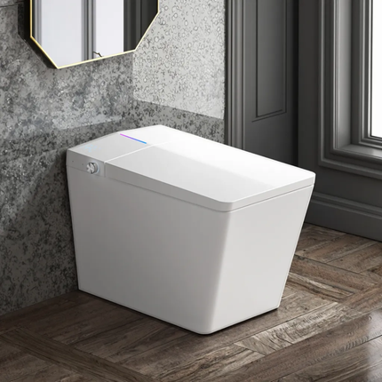 White toilet bowl in a bathroom with wooden flooring and gray walls.