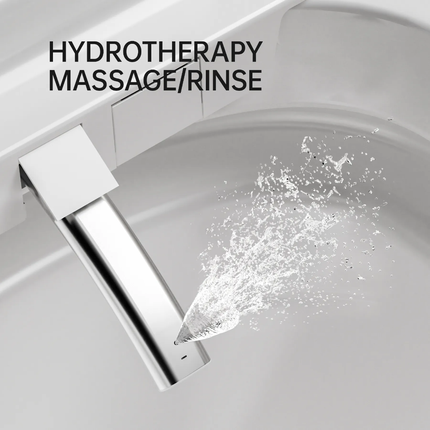 Chrome shower head with water spraying out, labeled 'Hydrotherapy Massage/Rinse' on a white background.