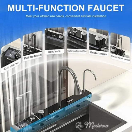 Évier de cuisine haut de gamme en acier inoxydable 304 Nano anti-rayures, noir, avec lave-tasses automatique et plateau en verre trempé (80 x 45 cm).