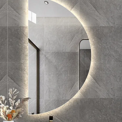 A tri-color changing lights mirror with LED touch screen, displayed in a bathroom setting.