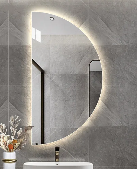 A tri-color changing lights mirror with LED touch screen, displayed in a bathroom setting.