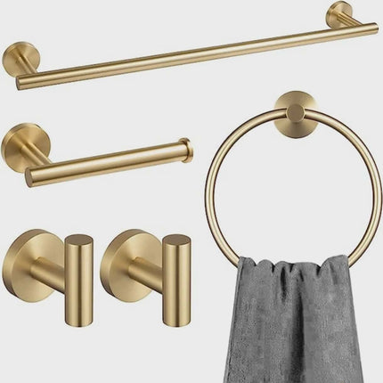 Set of gold bathroom fixtures including a towel bar, hooks, and a ring with a gray towel on a white background.