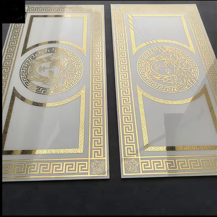 Versace White & Gold luxury tile 120x60cm – elegant white surface adorned with intricate gold motifs, large-format high-end porcelain tile sold individually