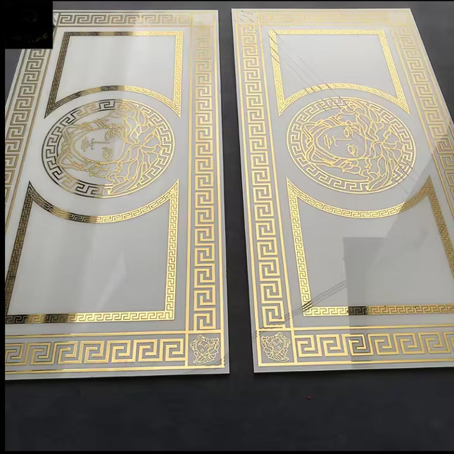 Versace White & Gold luxury tile 120x60cm – elegant white surface adorned with intricate gold motifs, large-format high-end porcelain tile sold individually