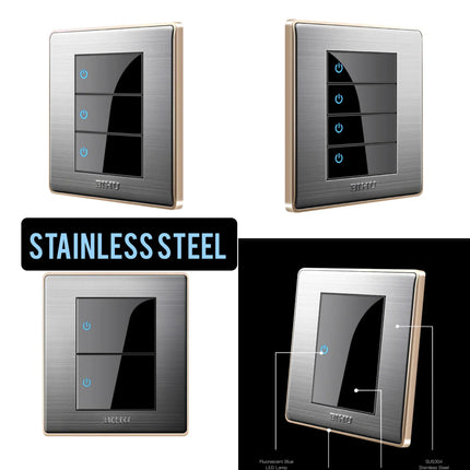 Stainless Steel Led Light Switch Universal 1gang,2gang,3gang,4gang 2Way Accessories UK Standard Click Light Cover Switch Utility Box Included