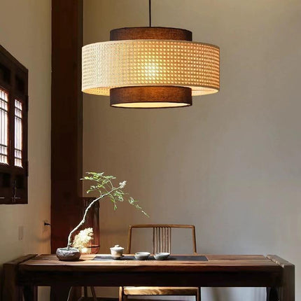 Rattan Farmhouse Hand Woven Dining Room Pendant Light with Fabric Shade, Rustic Hanging Light Fixture for Kitchen Island