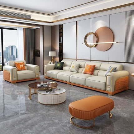Italian Luxury Straight-row Leather Sofa Set Modern American-style Living Room High-end Sponge Filled