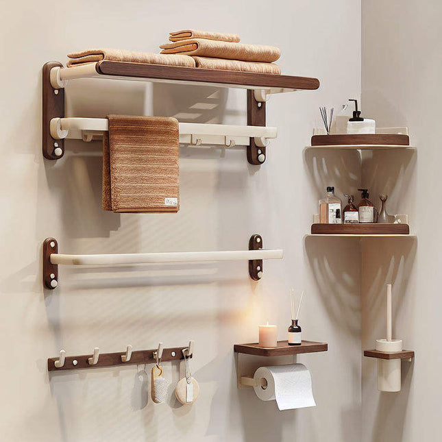 Modern Luxury Solid Walnut Wood No-Drill Bath Towel Rack Wall Mounted Bathroom Storage Shelf