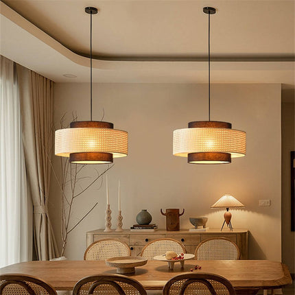 Rattan Farmhouse Hand Woven Dining Room Pendant Light with Fabric Shade, Rustic Hanging Light Fixture for Kitchen Island