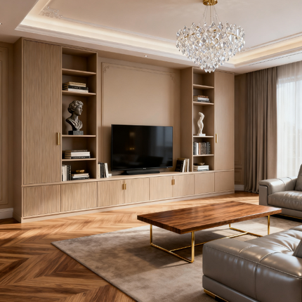 Futuristic Matte PET Integrated TV Cabinet with LED Lighting for Ultra-Modern Living Room Renovation Projects