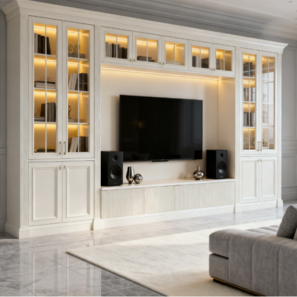 Customizable Luxury Lacquered TV-Bookcase Cabinet with Cream-Gold Integration for Contemporary Living Room Luxury Living