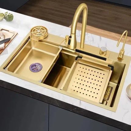 Gold Stainless Steel 304 Rainfall Faucet Above Counter Sink  Multifunctional Kitchen Sinks