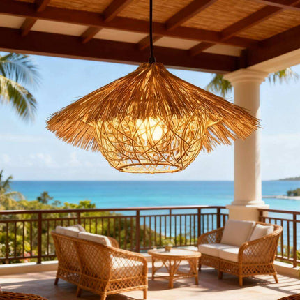 Rattan Pendant Light Living Room Industrial Handwoven Wicker Chandelier Natural Texture Indoor Hanging Lighting for Hotel Cafe