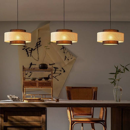 Rattan Farmhouse Hand Woven Dining Room Pendant Light with Fabric Shade, Rustic Hanging Light Fixture for Kitchen Island