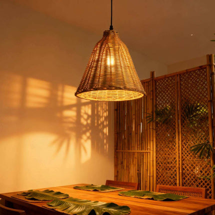 Natural Rattan Woven Pendant Light Handmade Bell Hanging Lamp for Restaurant Cafe Dining Living Room Warm Diffused Lighting