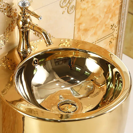 Europäisches Kunstbecken mit goldener Säule, rundes Waschbecken