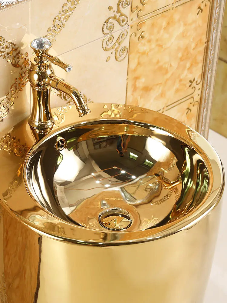 European Art Golden Column Basin Round Wash Basin