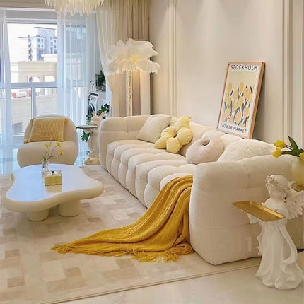 Customized Size Modern Simple Nordic Straight Line Sofa French Cream Lamb Fleece Fabric Sponge Living Room Small Furniture