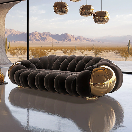Italian Sofa Luxury Designer Couch Sofa Round Shape Gold Accent Tufted Seating Statement Home Decor Modern Apartment Villa Hotel