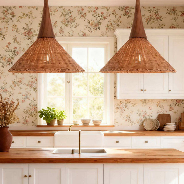 Wabi-sabi Style Rattan Chandelier Modern Restaurant Kitchen bar Decoration Island Living Room Bedroom Hanging LED Pendant Lamp