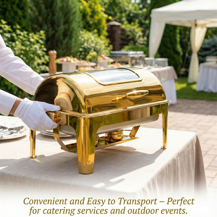Luxury Gold Plated High-End Stainless Steel Roll Chafing Dish Visible Glass Food Warmer Buffet Set