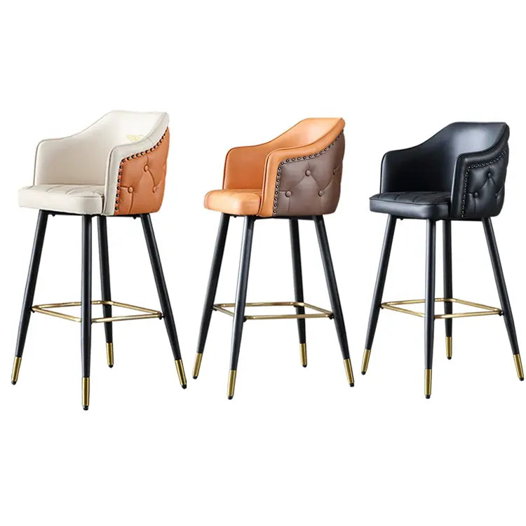 Modern Luxury Tufted Nailed leather Swivel Metal High Chair Bar Stool Chair For Bar Table With Back Rest