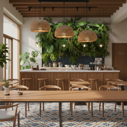 Bamboo Lantern Pendant Lamp with Natural Rattan Wicker Hand-Woven Lampshades Indoor Lighting Fixture for Room Decor