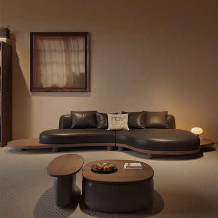 Medieval Style Simple and Elegant Custom Combination Wooden Tray Leather Chaise Longue Shaped Living Room Hotel Sofa