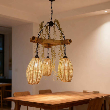 Natural Handmade Rattan 3-Light Hanging Chandelier Woven Pendant Lamp for Restaurant Cafe Hotel bar Kitchen Dining