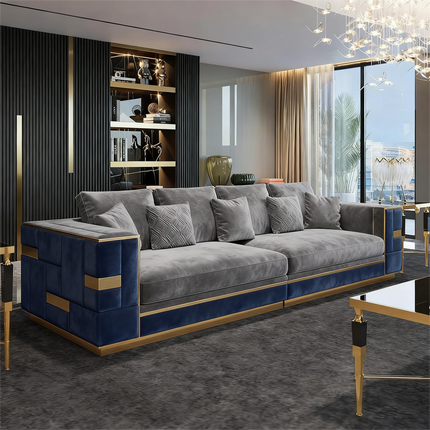 Luxury Upholstered Reclining Boucle Sofa Set Fabric Sponge Modern Sectional Stainless Steel Frame Pillow Back Villa Living Room