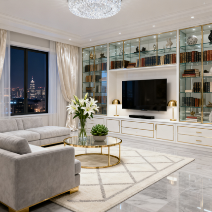 Customizable Luxury Lacquered TV-Bookcase Cabinet with Cream-Gold Integration for Contemporary Living Room Luxury Living