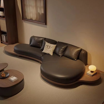 Medieval Style Simple and Elegant Custom Combination Wooden Tray Leather Chaise Longue Shaped Living Room Hotel Sofa