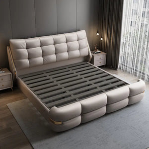 Modern Luxury Real Leather Beds Italian Tufted Headboard King Platform With Storage Bed Frame Bedroom Furniture