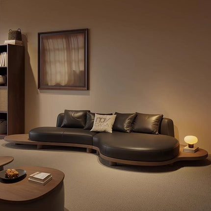 Medieval Style Simple and Elegant Custom Combination Wooden Tray Leather Chaise Longue Shaped Living Room Hotel Sofa