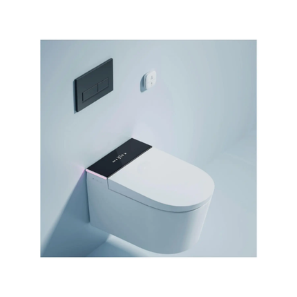 Modern wall-mounted toilet with sleek design on a light blue background
