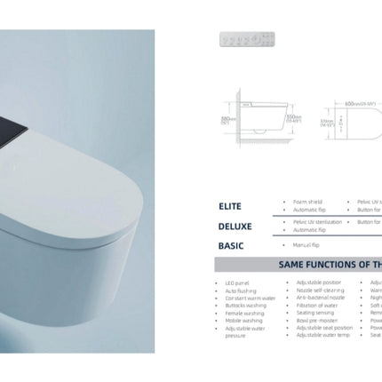 Modern toilet with specifications on a light blue background