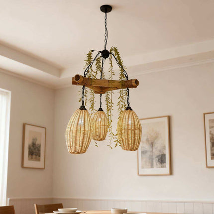 Natural Handmade Rattan 3-Light Hanging Chandelier Woven Pendant Lamp for Restaurant Cafe Hotel bar Kitchen Dining