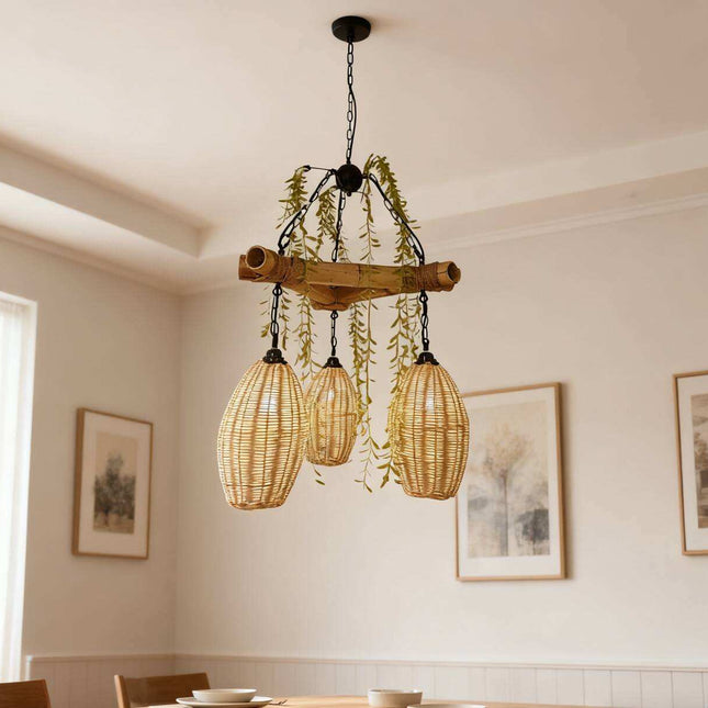 Natural Handmade Rattan 3-Light Hanging Chandelier Woven Pendant Lamp for Restaurant Cafe Hotel bar Kitchen Dining