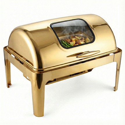 Luxury Gold Plated High-End Stainless Steel Roll Chafing Dish Visible Glass Food Warmer Buffet Set