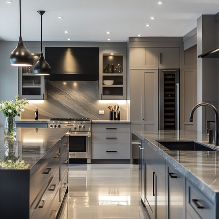 French Modern Kitchen with Island Glossy Metal Laminate Cabinets for Outdoor Use Durable Melamine MDF Construction