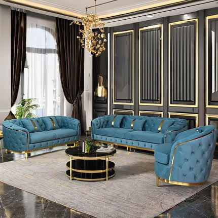 Luxury 2-3 Seater Chesterfield Sofa Gold Stainless Steel Velvet Upholstery Elegant Bed Set Hotel Home Living Room Furniture Hall