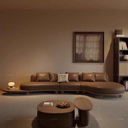 Medieval Style Simple and Elegant Custom Combination Wooden Tray Leather Chaise Longue Shaped Living Room Hotel Sofa