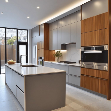 French Modern Kitchen with Island Glossy Metal Laminate Cabinets for Outdoor Use Durable Melamine MDF Construction