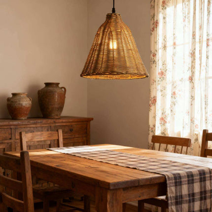 Natural Rattan Woven Pendant Light Handmade Bell Hanging Lamp for Restaurant Cafe Dining Living Room Warm Diffused Lighting
