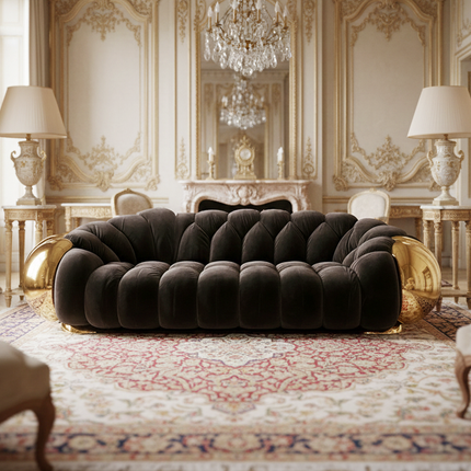 Italian Sofa Luxury Designer Couch Sofa Round Shape Gold Accent Tufted Seating Statement Home Decor Modern Apartment Villa Hotel
