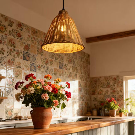 Natural Rattan Woven Pendant Light Handmade Bell Hanging Lamp for Restaurant Cafe Dining Living Room Warm Diffused Lighting