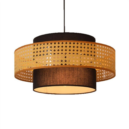 Rattan Farmhouse Hand Woven Dining Room Pendant Light with Fabric Shade, Rustic Hanging Light Fixture for Kitchen Island
